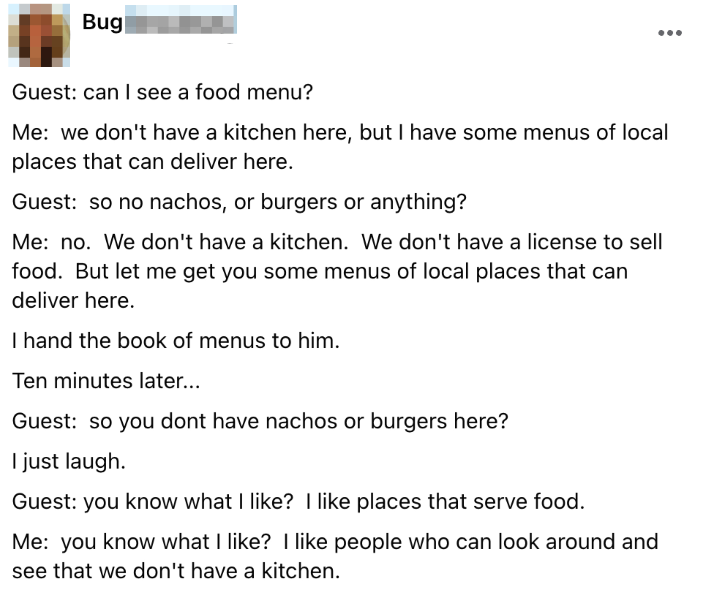 Facebook post sharing a humorous conversation about not having a kitchen but providing menus to local places
