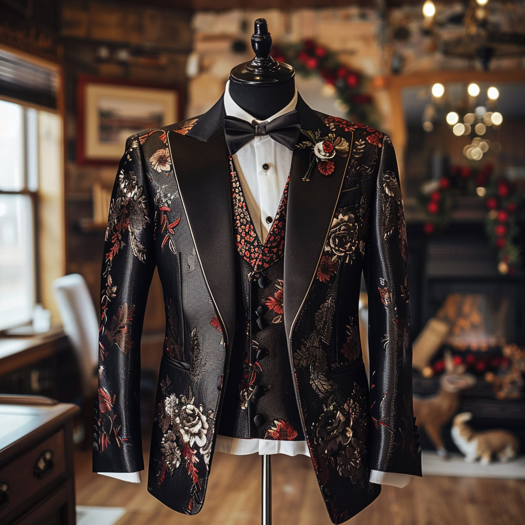 Elegant suit with intricate floral embroidery on display, set against a cozy, festive interior background
