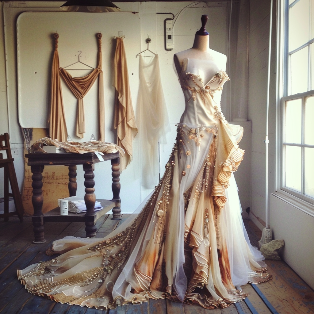 Elegant evening gown displayed in a room with two dresses on hangers in the background