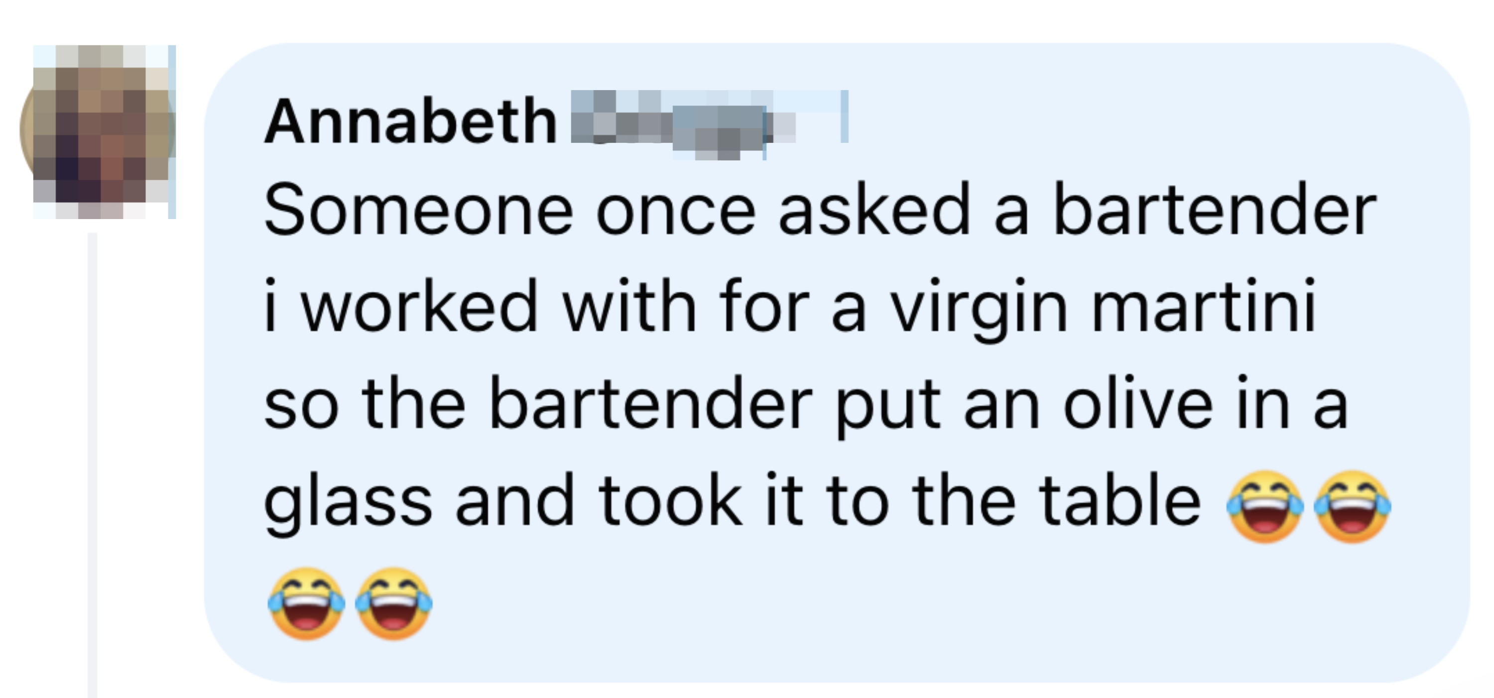 Image of a social media sharing a humorous anecdote about a bartender&#x27;s literal interpretation of a virgin martini order