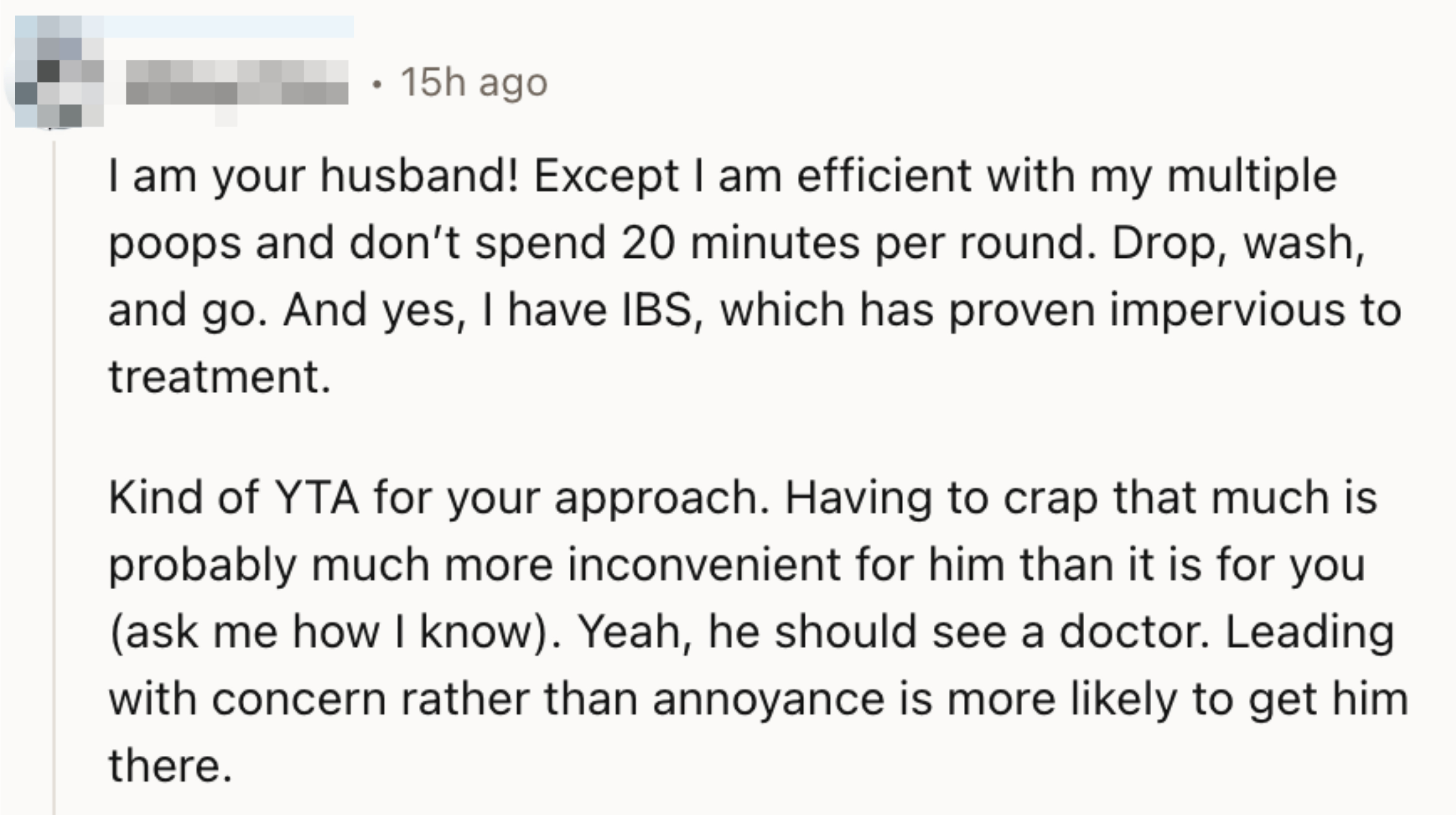 Screenshot of a social media comment with a person sharing their experience with IBS and saying that the OP should have been kinder