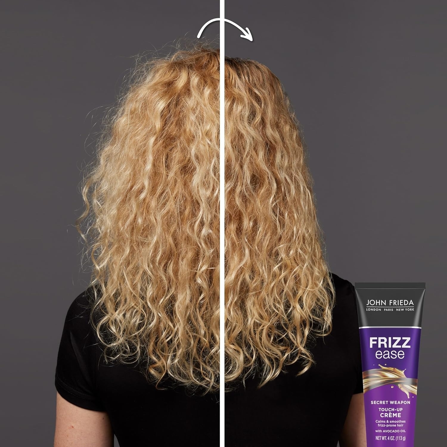 Back view of a model&#x27;s hair showing half frizzy hair on the left and hair treated hair with John Frieda Frizz Ease product visible on the right