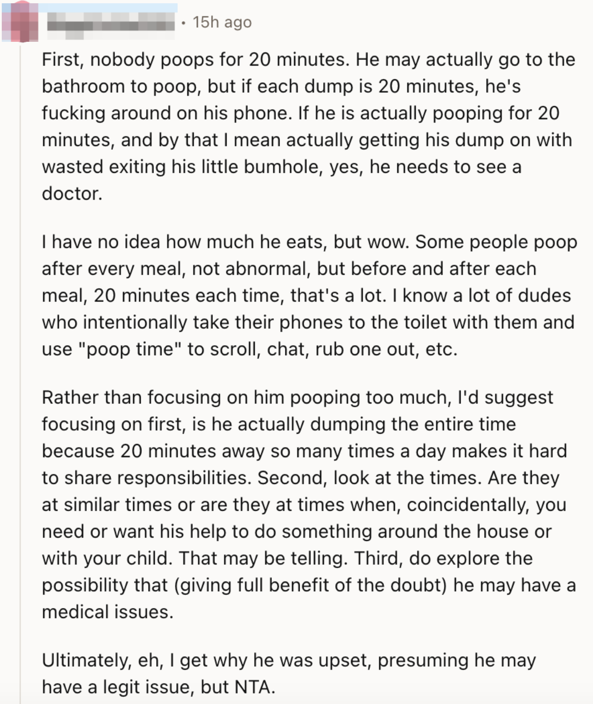 A commenter arguing that &quot;nobody poops for 20 minutes&quot;