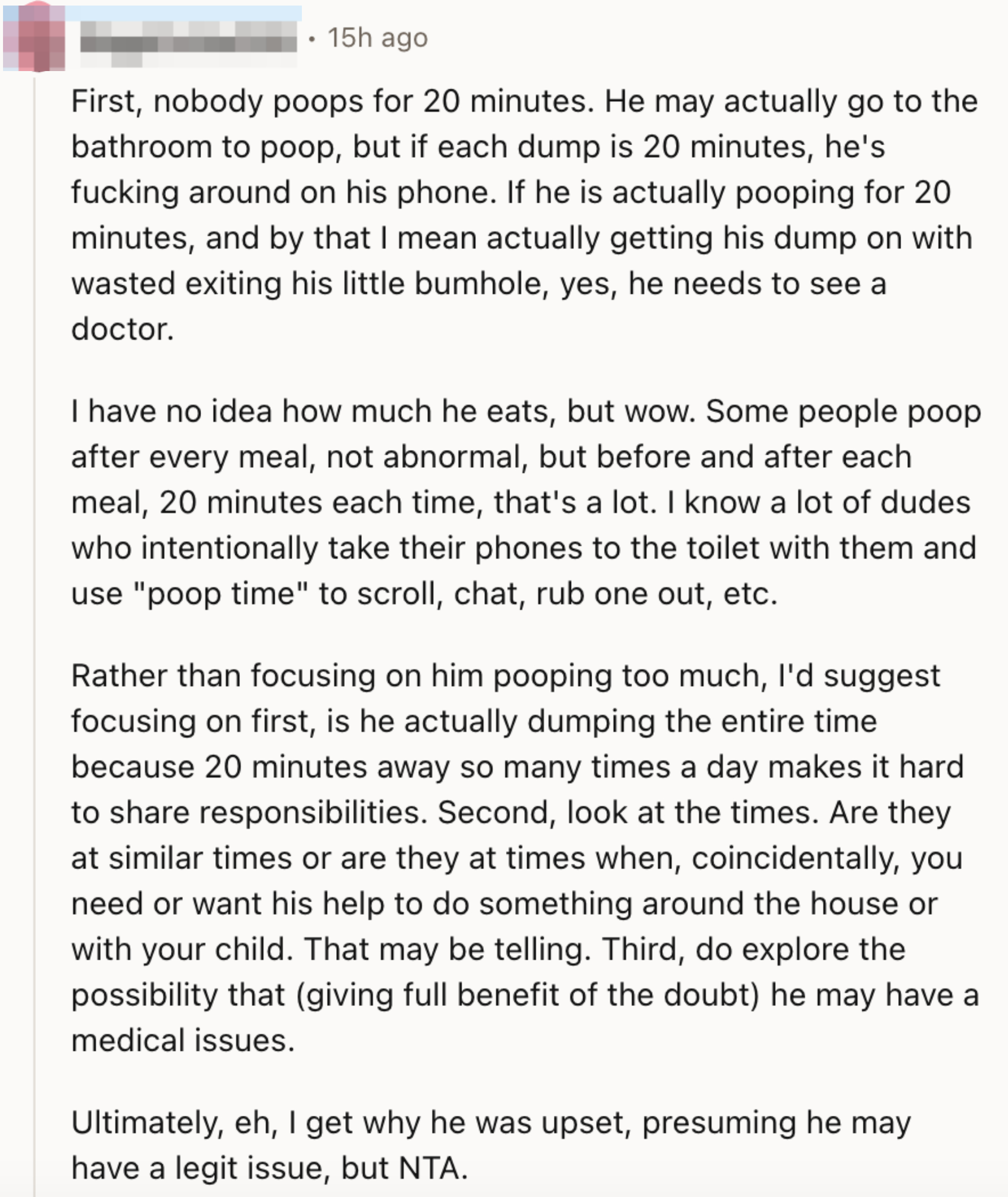 A commenter arguing that "nobody poops for 20 minutes"