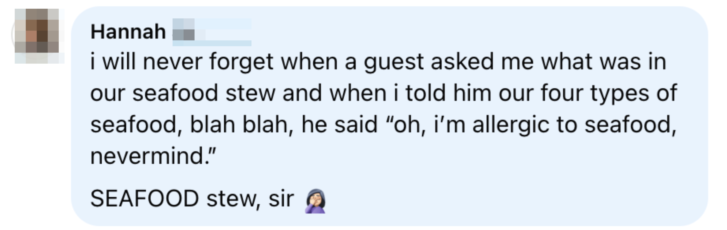 A screenshot of a message recounting a story about a guest&#x27;s reaction to seafood stew ingredients