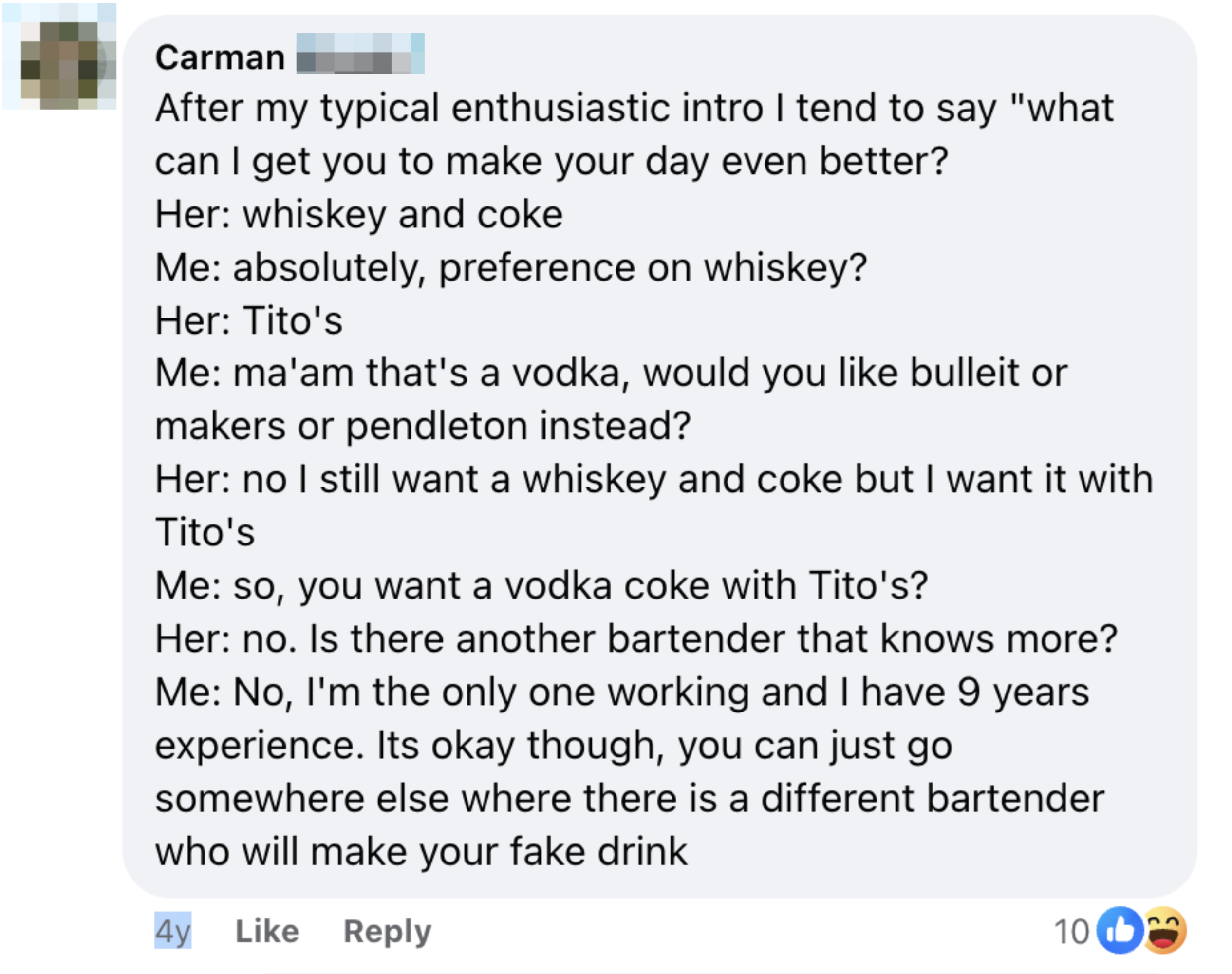 Text from an online conversation joking about ordering a drink with Tito&#x27;s vodka at a bar