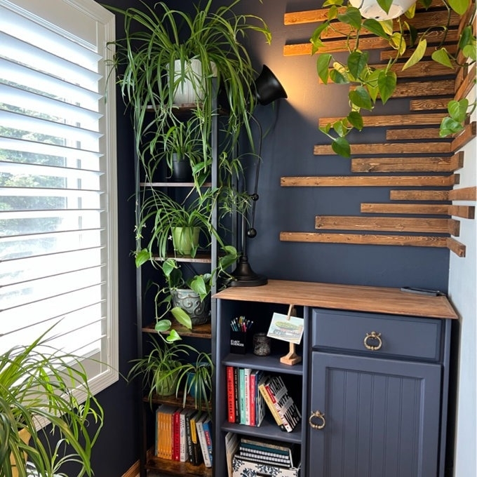 A cozy, styled corner with hanging plants, wooden shelves, books, and a cabinet. Perfect for home decor inspiration