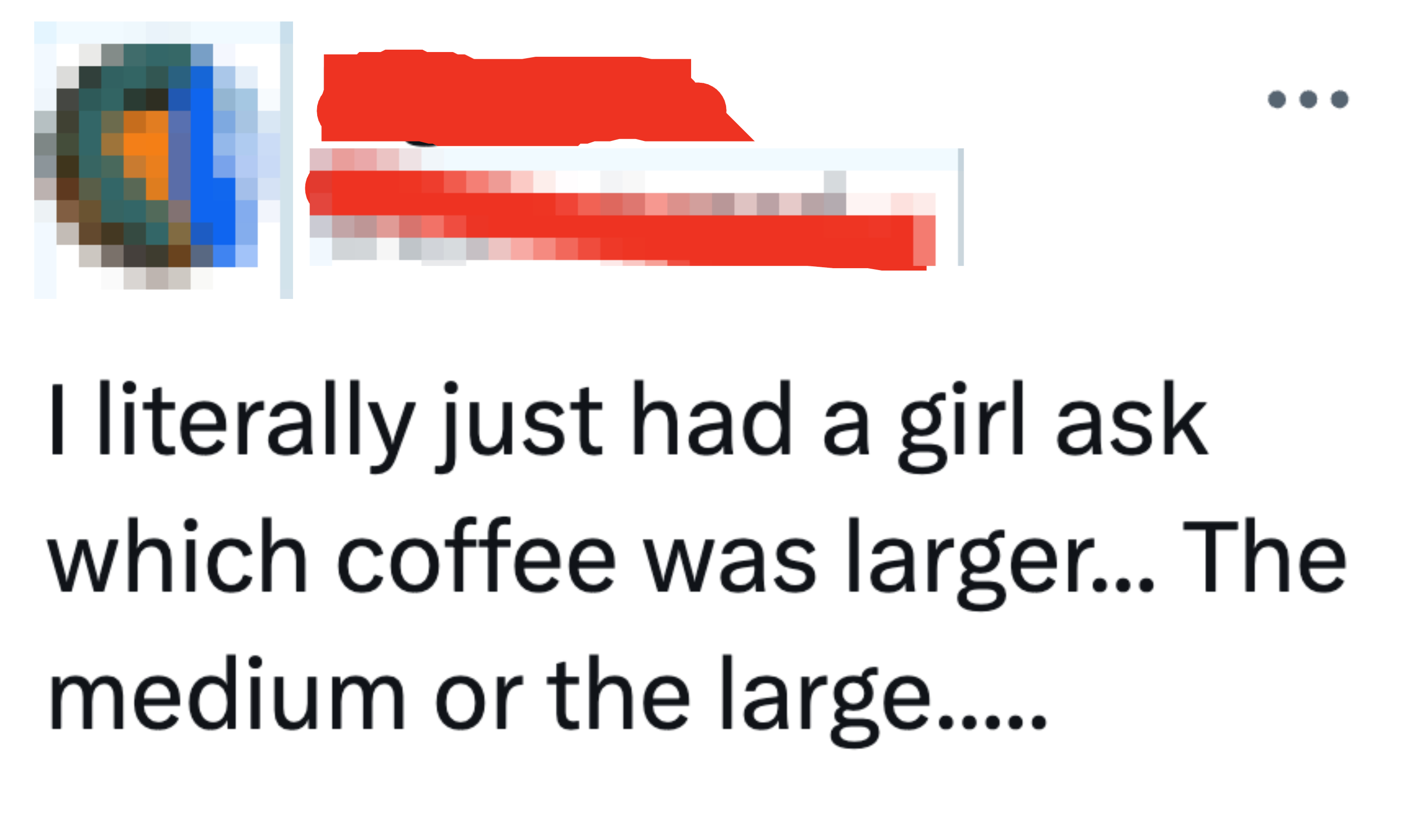 Tweet showing confusion over someone asking which coffee size is larger, medium or large