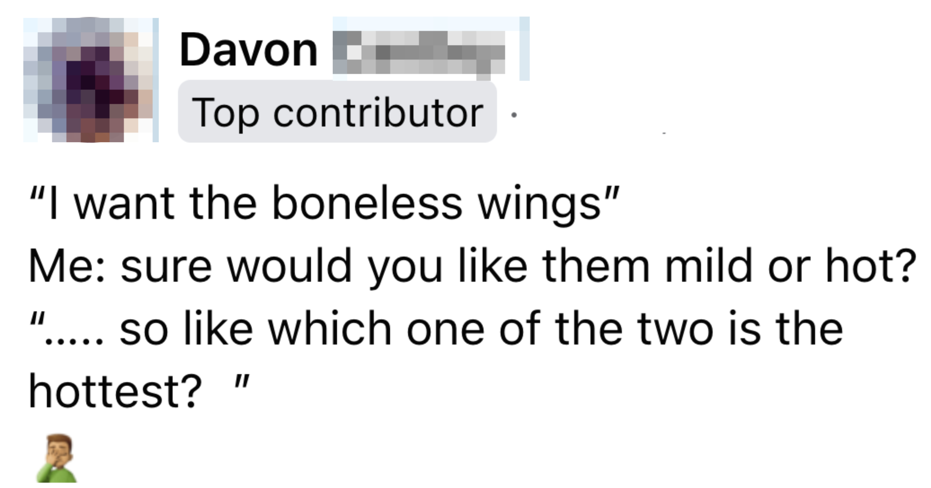 Screenshot of a social media post discussing a humorous exchange about the temperature of boneless wings