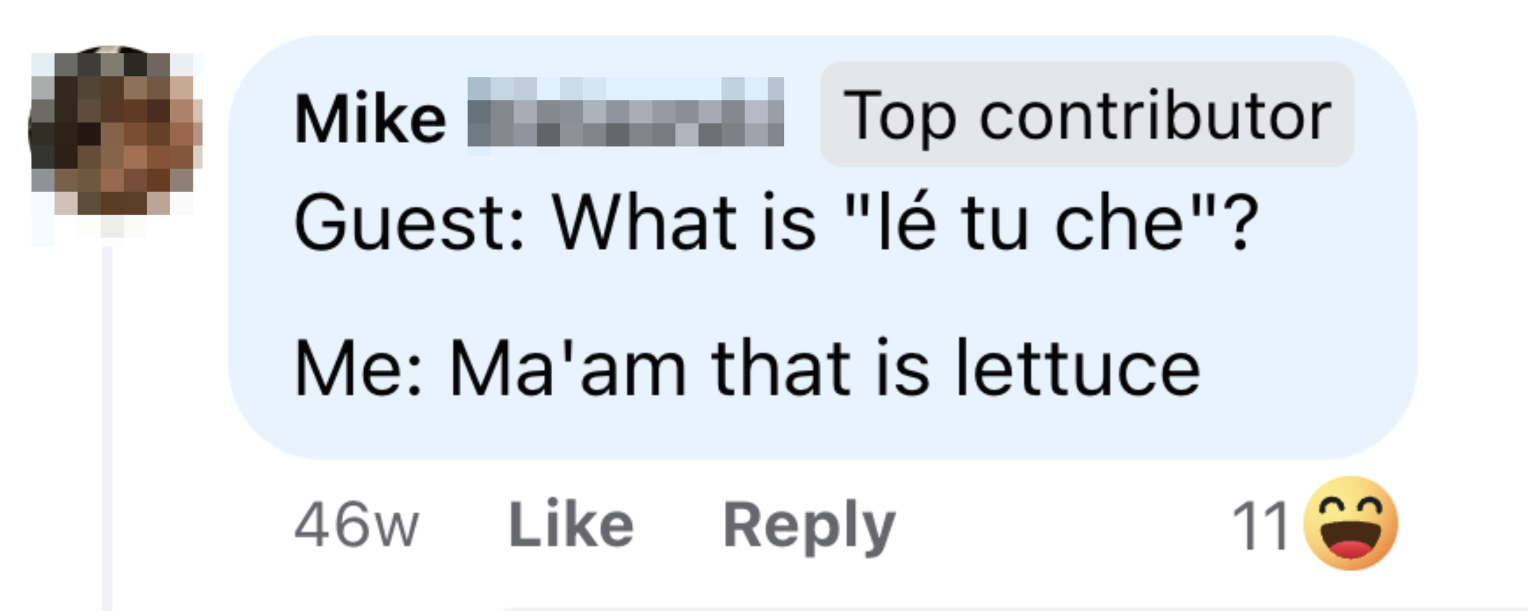 A screenshot of a social media comment where a user jokes about confusing &#x27;lettuce&#x27; with &#x27;l&#x27;e tu che&#x27;