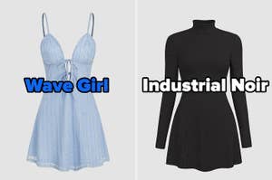 On the left, a mini dress labeled Wave Girl, and on the right, a turtleneck mini dress labeled Industrial Noir