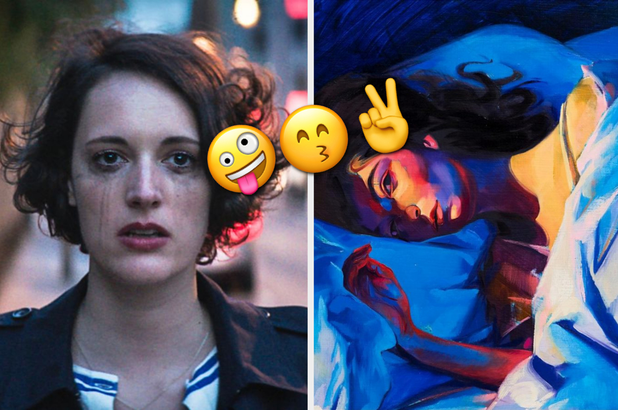 Two images side-by-side; left shows actress Phoebe Waller-Bridge, right portrays an artwork of a woman with emojis obscuring the face