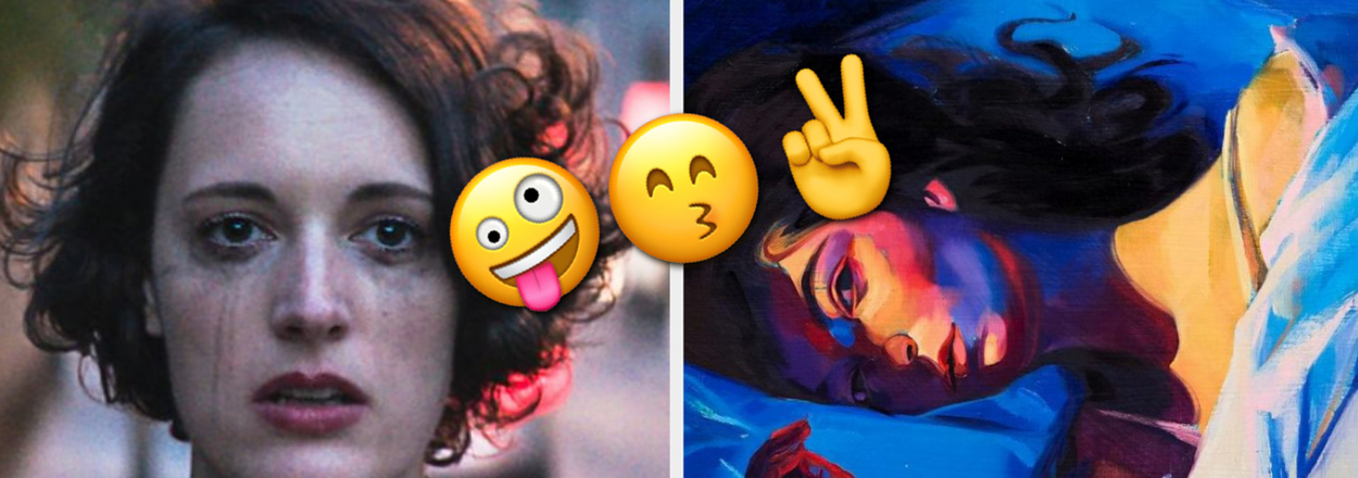 Two images side-by-side; left shows actress Phoebe Waller-Bridge, right portrays an artwork of a woman with emojis obscuring the face