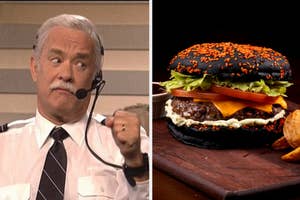 Left: Tom Hanks as a piolet. Right: Cheeseburger with toppings on a black bun.