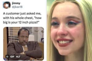 Two-panel meme with a man on the left and crying woman on the right, caption about a misunderstood pizza size question