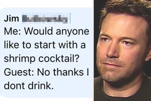 Meme with a man looking pensive next to an amusing dialogue about shrimp cocktail and drinking