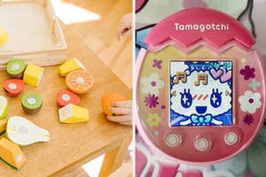 Two photos: left, a child's hand playing with wooden fruit toys; right, close-up of a Tamagotchi virtual pet
