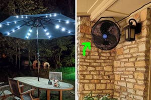 Patio umbrella with lights and a wall-mounted outdoor fan