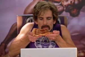 Ben Stiller looking at a piece of pizza in the movie "Dodgeball."