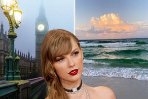 Collage with Taylor Swift in an elegant outfit and a separate image of a beach at sunset