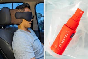 (left) eye mask and head holder (right) tower 28 face spray