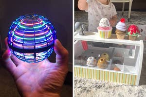 Hand holding a light-up flying orb; Child playing with an ice cream toy set