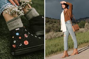 Person standing in a field wearing a beige jacket, blue jeans, and brown boots, holding a crossbody bag. Second image shows a close-up of a sneaker with planet designs