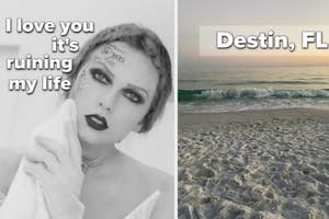 Left: Person with dramatic makeup and text on forehead. Right: Beach scene with "Destin, FL" text