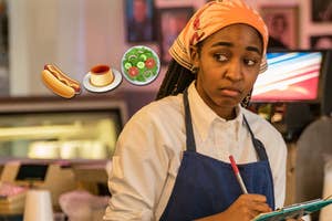 Ayo Edebiri in apron taking order, with food emojis floating nearby