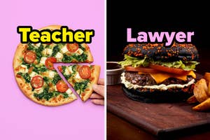 Split image showing a pizza with the word "Teacher" and a burger with "Lawyer" written above it