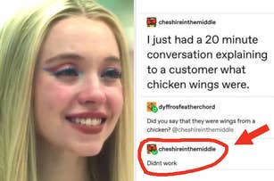 Person with teary eyes; screenshot of a conversation joking about explaining chicken wings to a customer