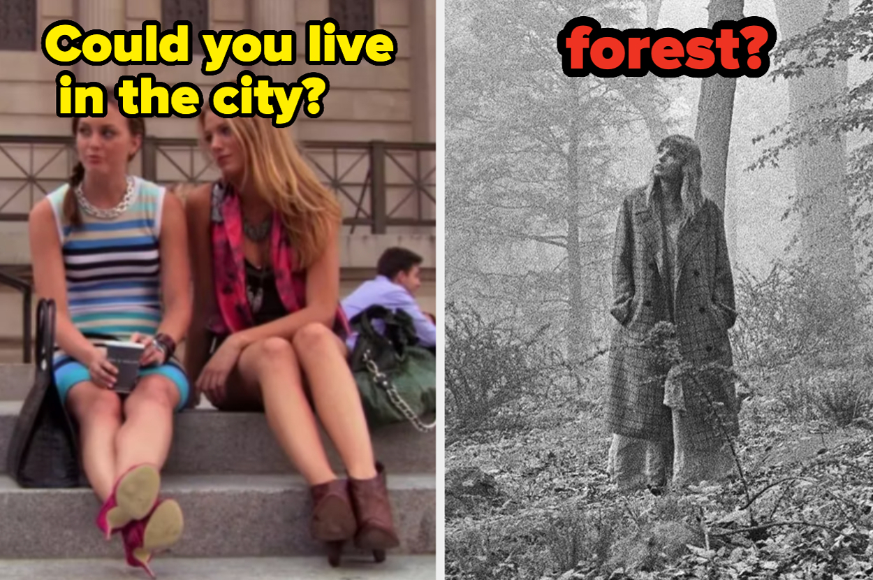 Two side-by-side images: Left shows two people seated outdoor. Right image is a person standing in a forest with query "forest?"