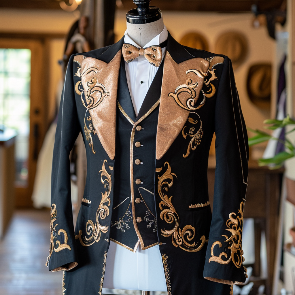 Elegant tailored tuxedo with gold embroidery on mannequin, upscale fashion focus