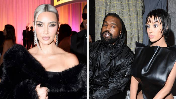 Kim Kardashian in a black fur outfit, alongside Kanye West and Bianca Censori in a sleek black dress at an event