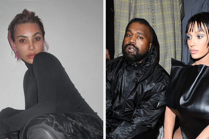 Two separate photos of Kim Kardashian in a black outfit and Kanye West with a woman, both in dark attire