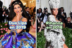 Dua Lipa y Rihanna en eventos de gala, vestidos extravagantes, con texto que indica los años 2019 y 2018 respectivamente