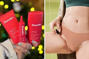 Hand holding Duradry deodorants and body wash, and close-up on model applying oil to bikini line