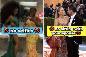 "no selfies" over Ciara and Serena Williams taking a selfie, and "no sitting with your spouse" over Blake Lively and Ryan Reynolds looking at each other
