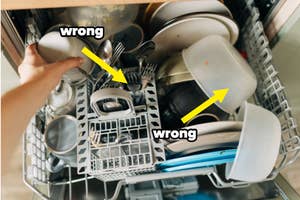 Top-down view of an open dishwasher with dishes and the words "wrong" pointing to incorrectly placed items