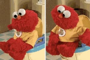 Elmo sitting on a toilet and doing a little dance