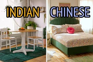 On the left, a dining room a table in the center and plants all around labeled Indian, and on the right, a bed with floral sheets in a sunny room labeled Chinese