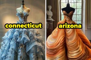 Two elaborate gowns on mannequins; one inspired by Connecticut's blue tones and the other by Arizona's desert hues