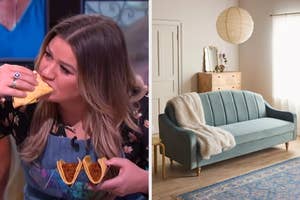 On the left, Kelly Clarkson eating a taco, and on the right, a modern living room