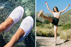 a pair of white waterproof shoes dangling in water / model in white hiking boots posing