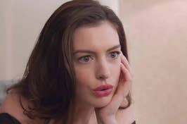 Close-up of Anne Hathaway with a surprised expression