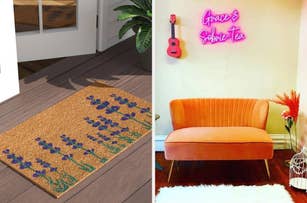 Left: A doormat with floral patterns. Right: A neon sign above a couch reads "Grace's Soiree-Tea."