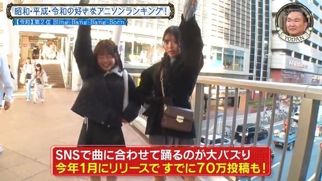 二人の若い女性が手を挙げてポーズを取っています。背景には建物と通行人が見えます。