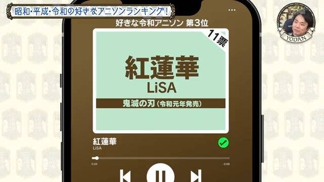 スマートフォンでリサの「紅蓮華」が音楽アプリで再生中の画面。
