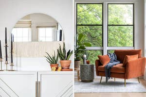 Side-by-side images: Left shows a vanity with a mirror, right shows a cozy chair by a window with plants