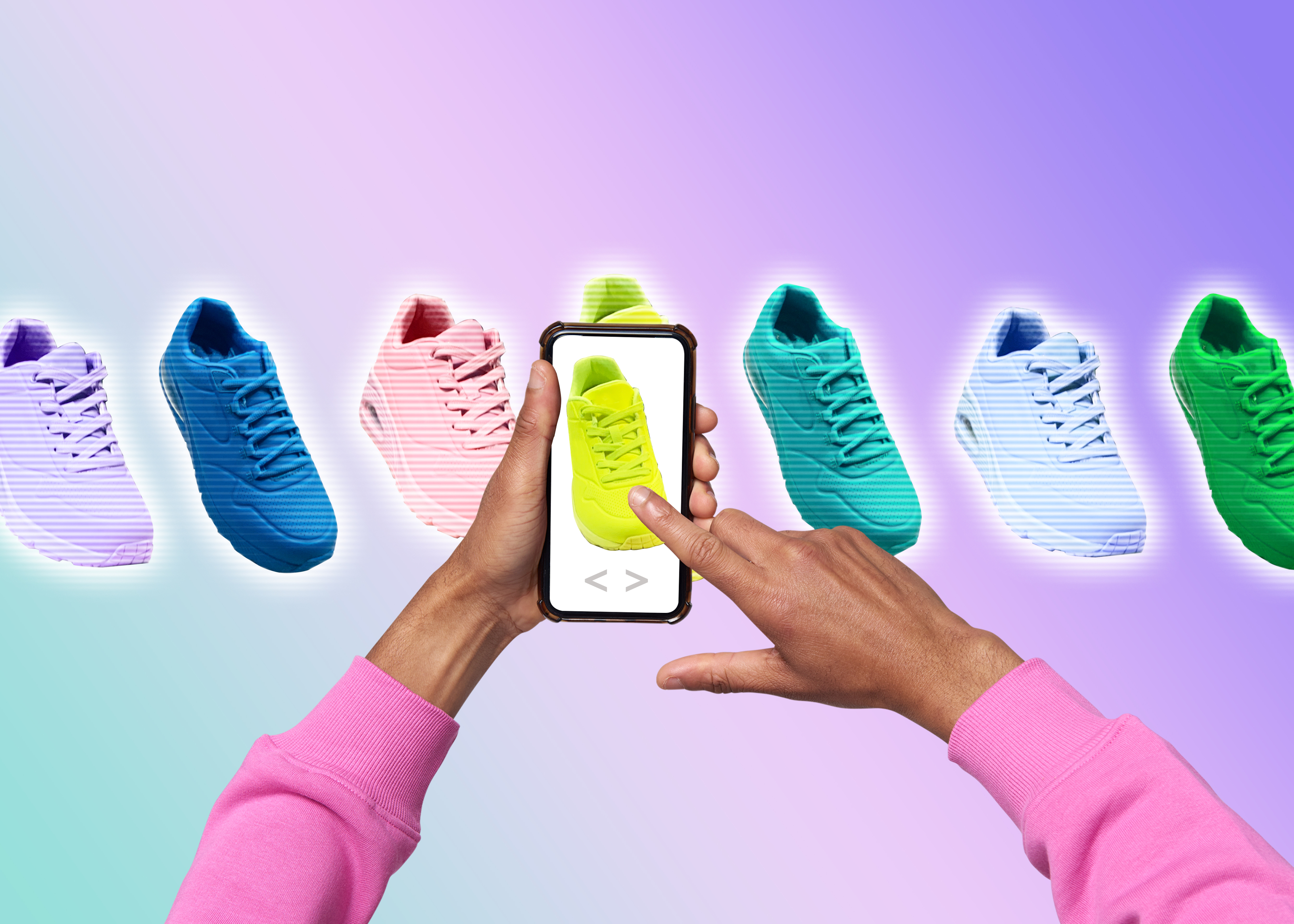Hands holding a phone displaying a sneaker, with a row of colorful sneakers aligned in the background